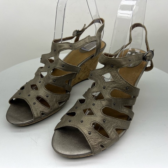 Clarks Artisan Wedge Sandals Fiddle String Espadrille Leather Neutral Tan Summer - Picture 3 of 16
